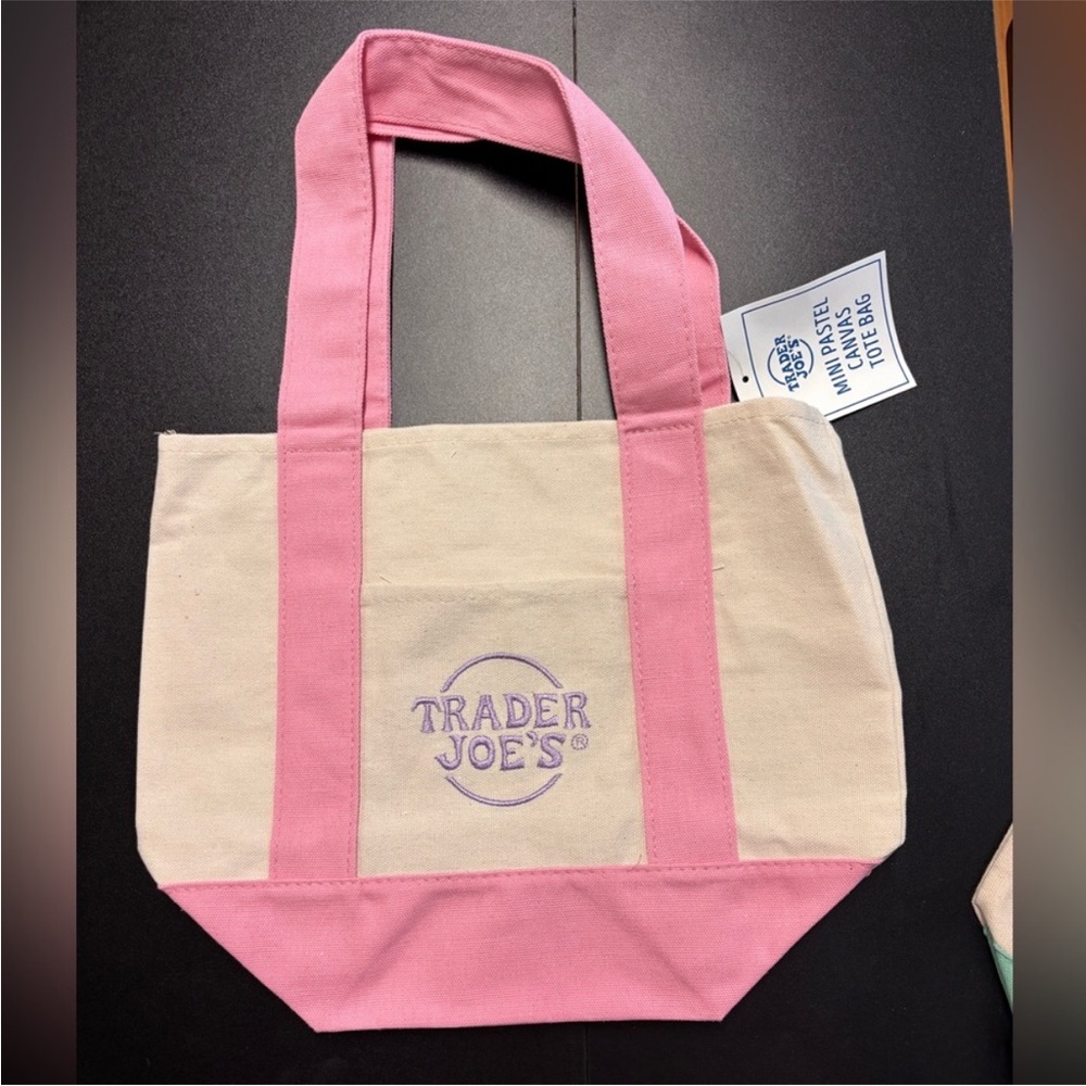 Trader Joe's Mini Pastel Canvas Tote Bag Pink Easter Mini Tote NEW - Picture 2 of 2